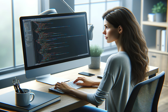 Woman sitting at a desk in a home office working at a desktop computer, programming.