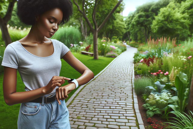 Woman on a park path, stopped, looking down at her watch.