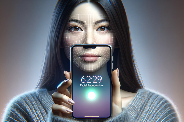 Woman holding her phone up, you can see the bottom part of her face, and the words Facial Recognition on the phone.