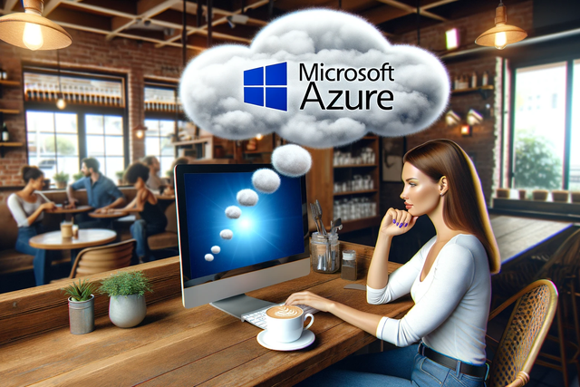 image of a woman working on a computer in a restaurant. There is a cloud bubble above the monitor with the words "Microsoft Azure"