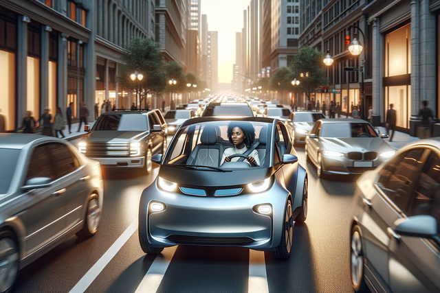 Woman driving an electric vehicle down a busy downtown road.