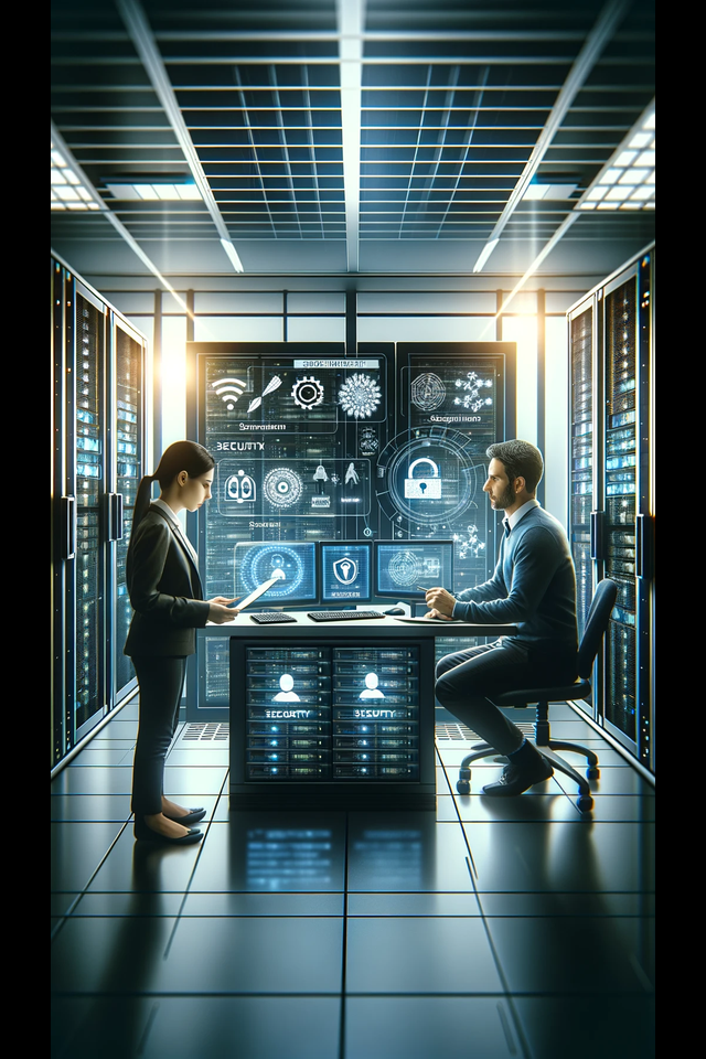 2 People in a data center working on securing their cloud network.