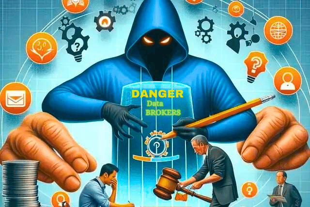 danger-data-brokers Info graphic on data brokers, there's a giant hooded figure with the words