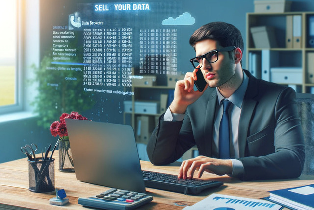 Man in an office, at a desk with a computer on a phone, Overlaid over the man right shoulder is a some data. Above that it says Sell Your Data.