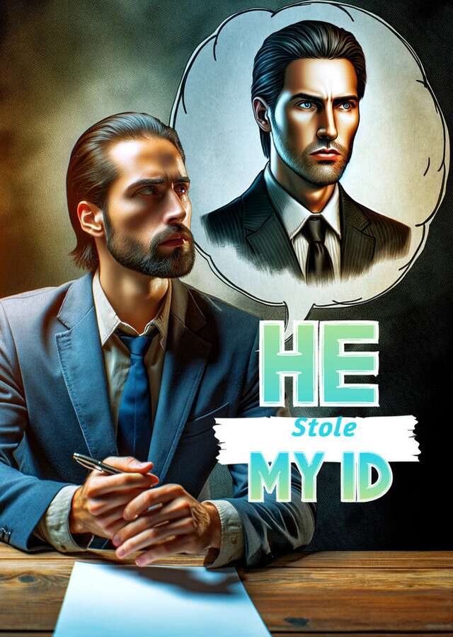 Man sitting at a desk with a blank sheet of paper in front of him, and a thought cloud above his left shoulder, it shows another man, below the cloud is the words "He Stole My ID"