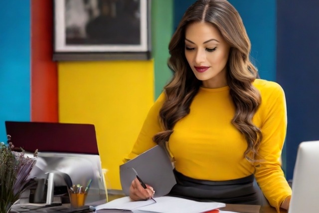 A woman data broker sitting at a desk going over pages of a document.